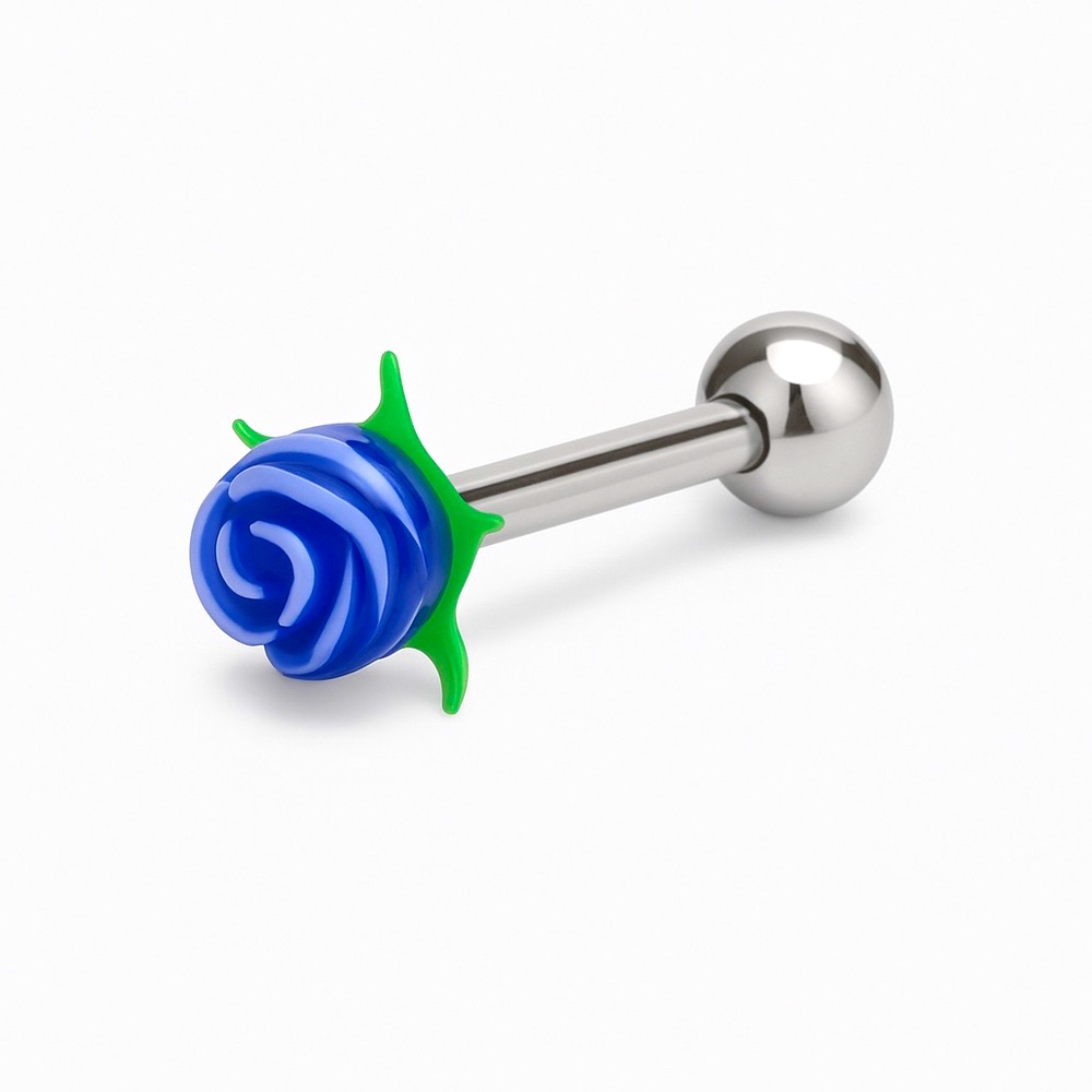 Blue Silicone Flower Tongue Ring 14g Barbell Piercing Jewelry
